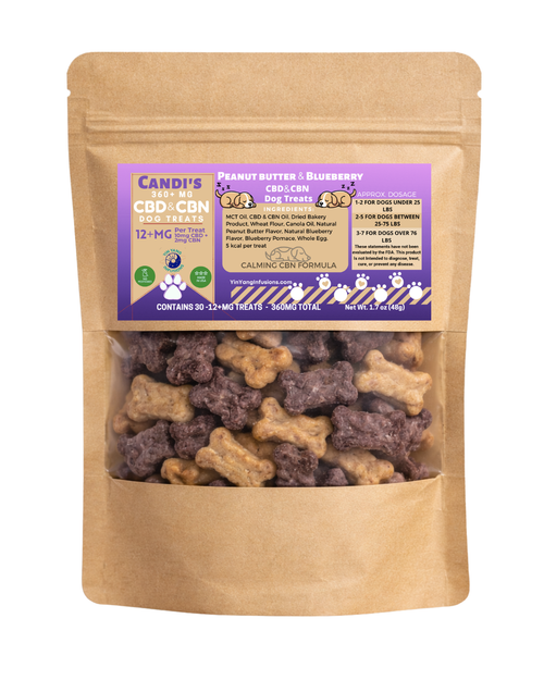 A bag of dog treats containing 300mg of CBD and CBN peanutbutter and blueberry dog treats by Yin Yang Infusions.