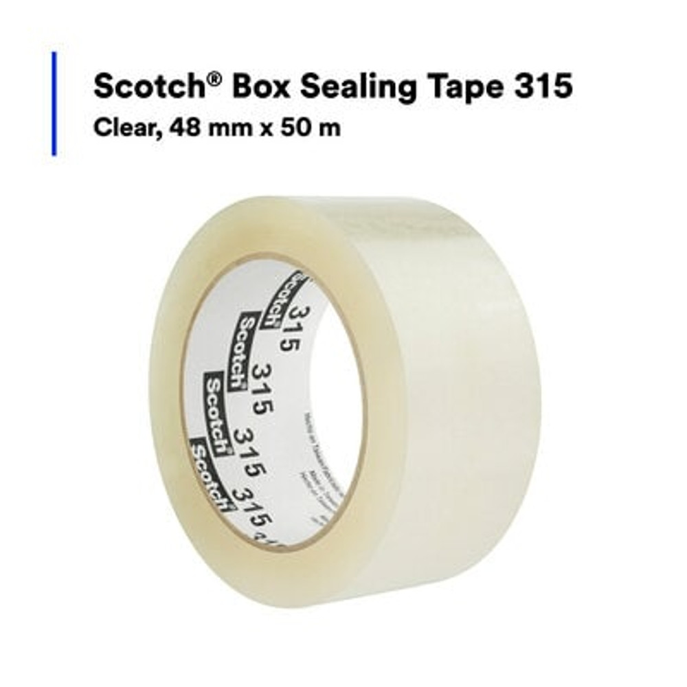 Scotch Box Sealing Tape 315, Clear, 48 mm x 50 m, 36 Rolls/Case 53549