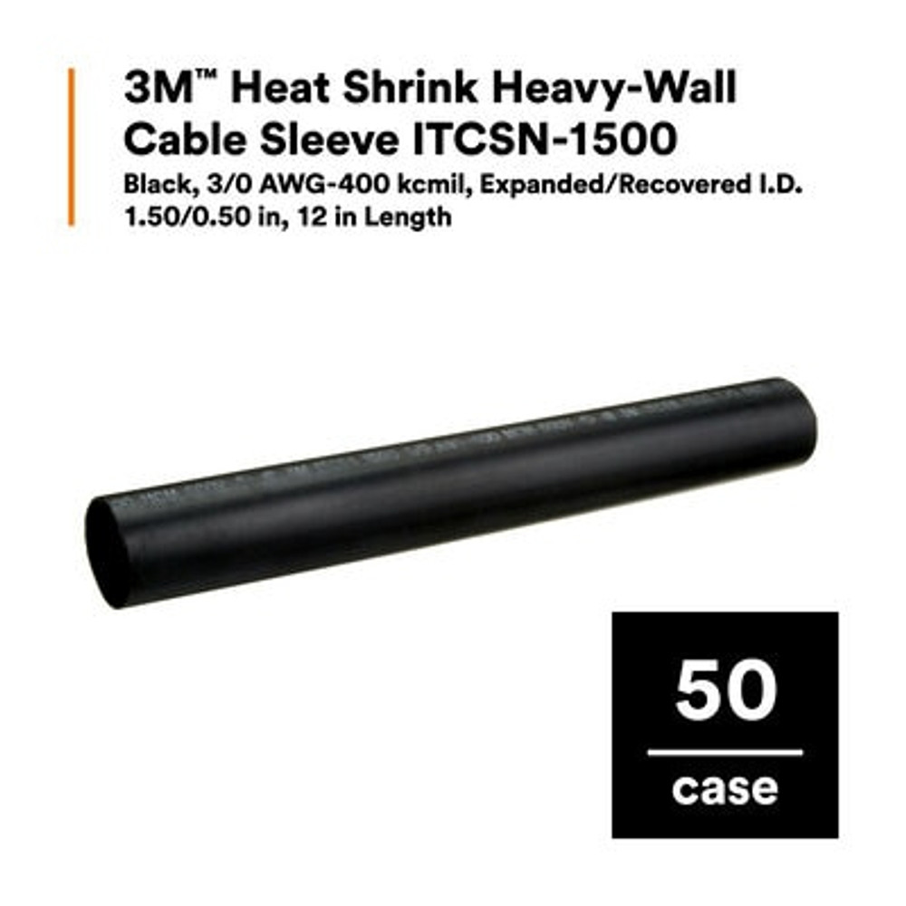 3M Heat Shrink Heavy-Wall Cable Sleeve ITCSN-1500, 3/0 AWG-400 kcmil,Expanded/Recovered I.D. 1.50/0.50 in, 12 in Length, 50/case 8974