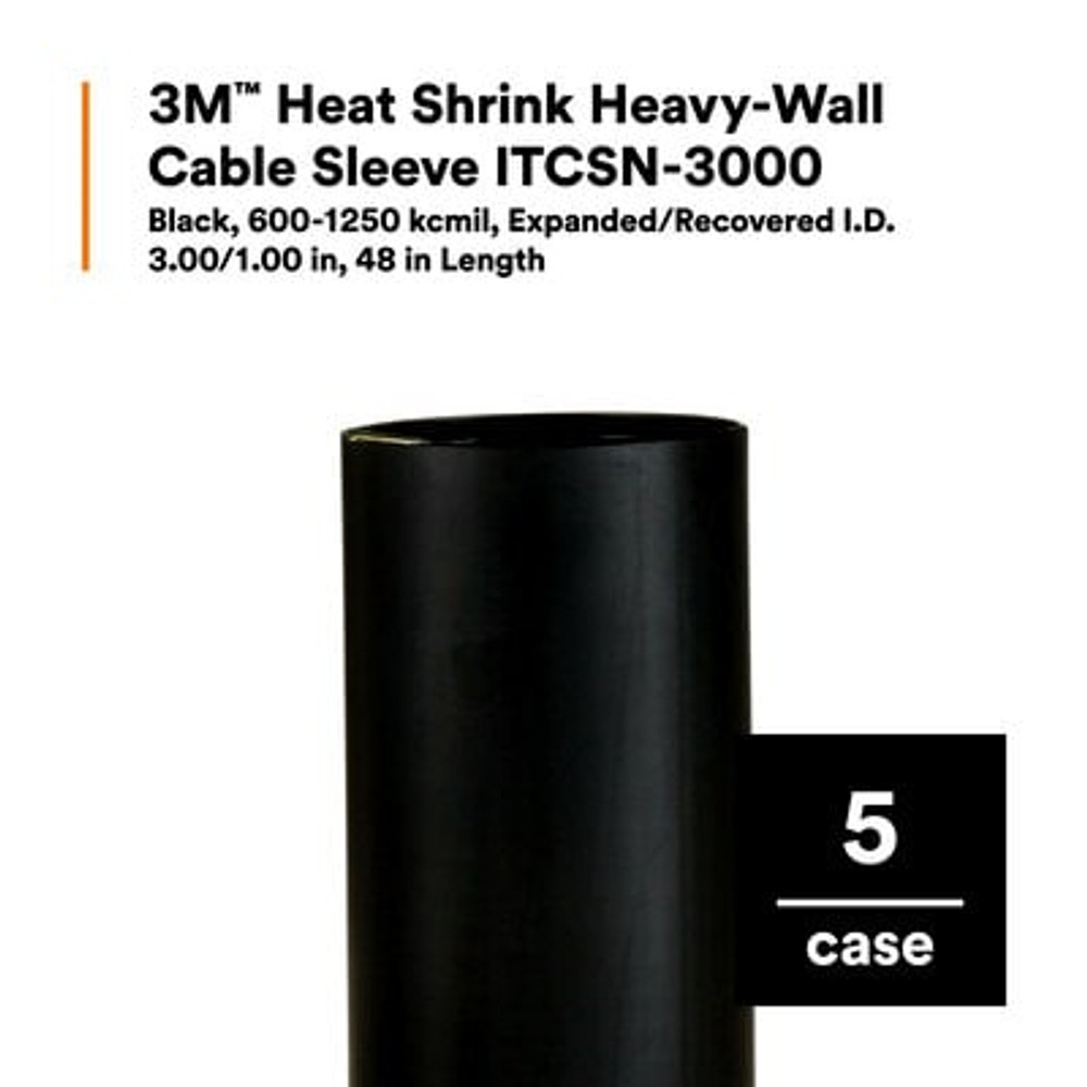 3M Heat Shrink Heavy-Wall Cable Sleeve ITCSN-3000, 600-1250 kcmil,Expanded/Recovered I.D. 3.00/1.00 in, 48 in Length, 5/Case 8907
