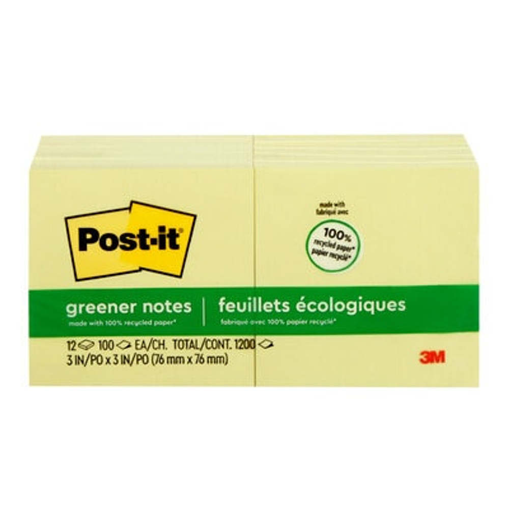 Post-it® Greener Notes, 3 in x 3 in, Canary Yellow, 12 Pads/Pack