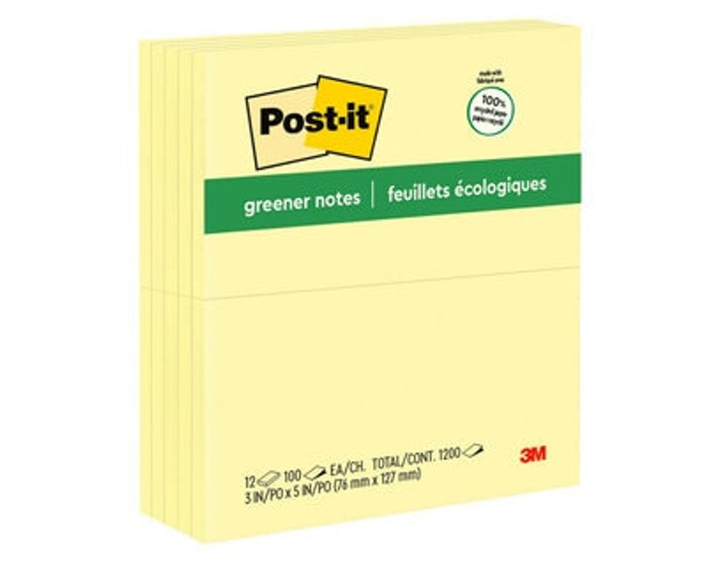 Post-it® Greener Notes 655-RP, 3 in x 5 in, Canary Yellow, 12 Pads/Pack