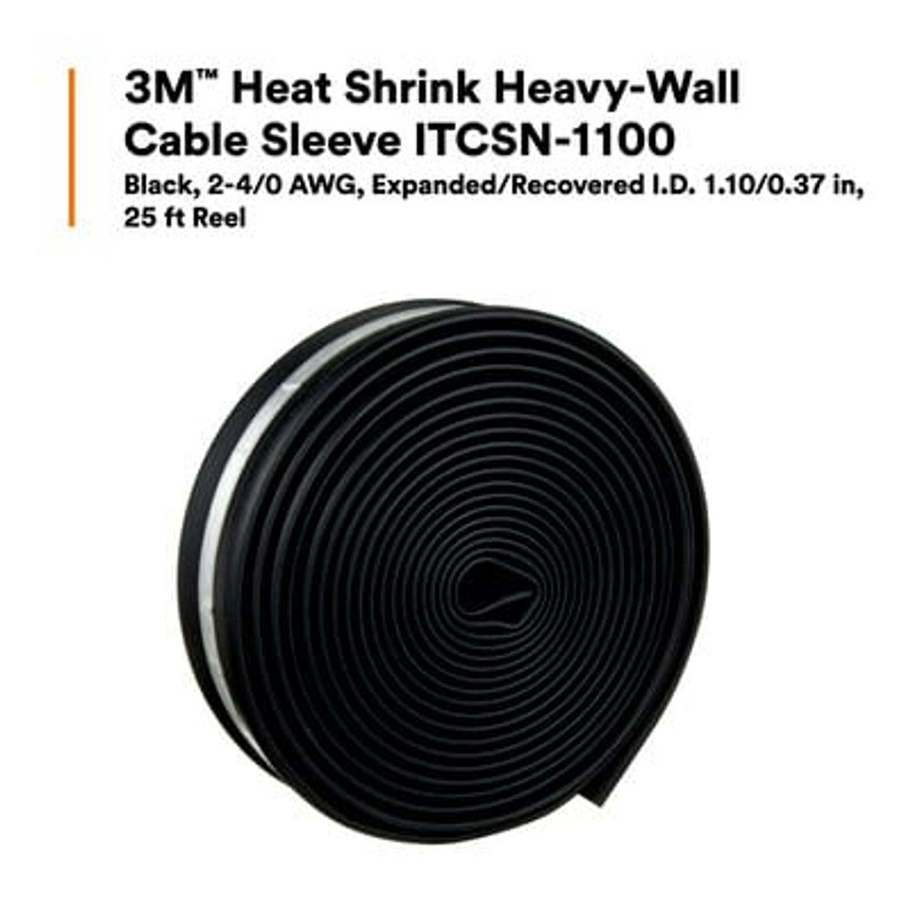 3M Heat Shrink Heavy-Wall Cable Sleeve ITCSN-1100, 2-4/0 AWG,Expanded/Recovered I.D. 1.10/0.37 in, 25 ft Reel Length, 1/Case 8891