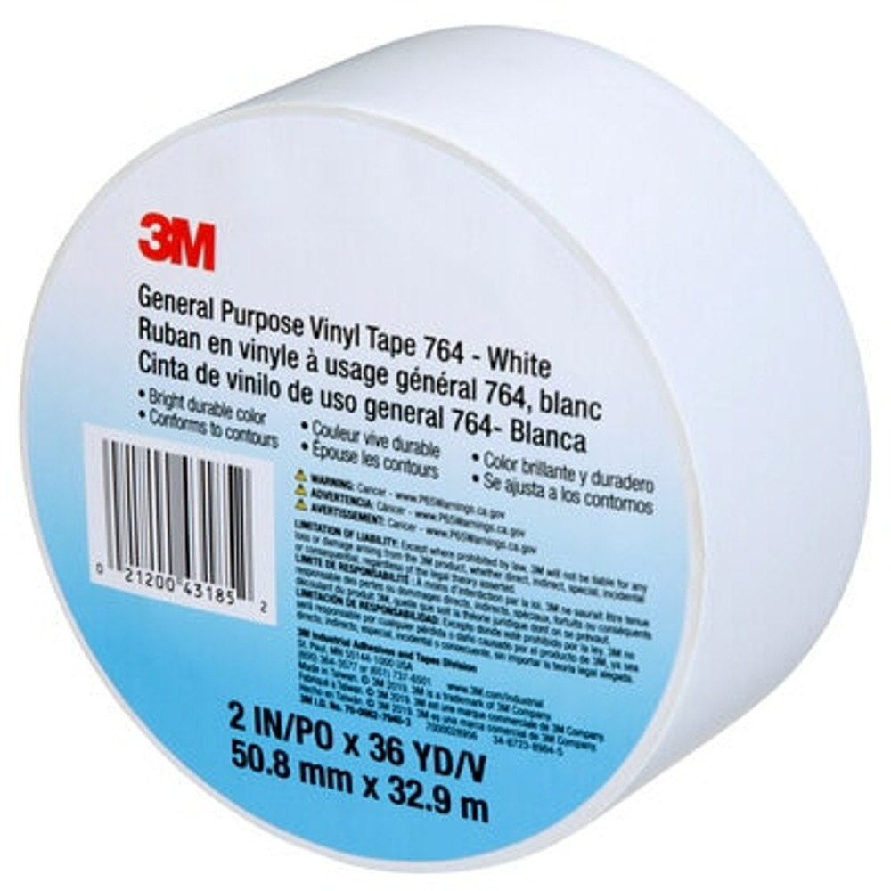 3M General Purpose Vinyl Tape 764, White, 50.8 mm x 32.9 m, 5 mil, 24 Roll/Case 43185