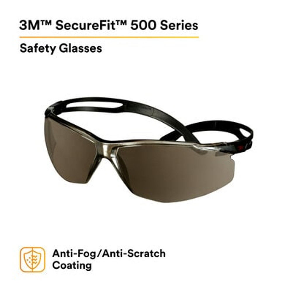 3M SecureFit 500 Series SF509AF-BLK, Black, Silver Mirror Anti-Fog/Anti-Scratch Lens, 20 ea/Case 43070