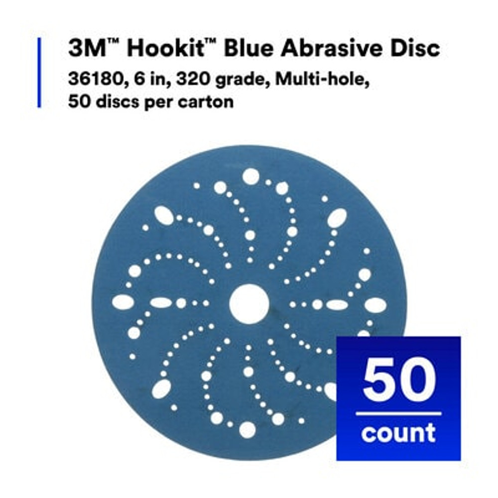 3M Hookit Blue Abrasive Disc 321U, 36180, 6 in, 320 grade, Multi-hole, 50 discs per carton, 4 cartons per case 36180