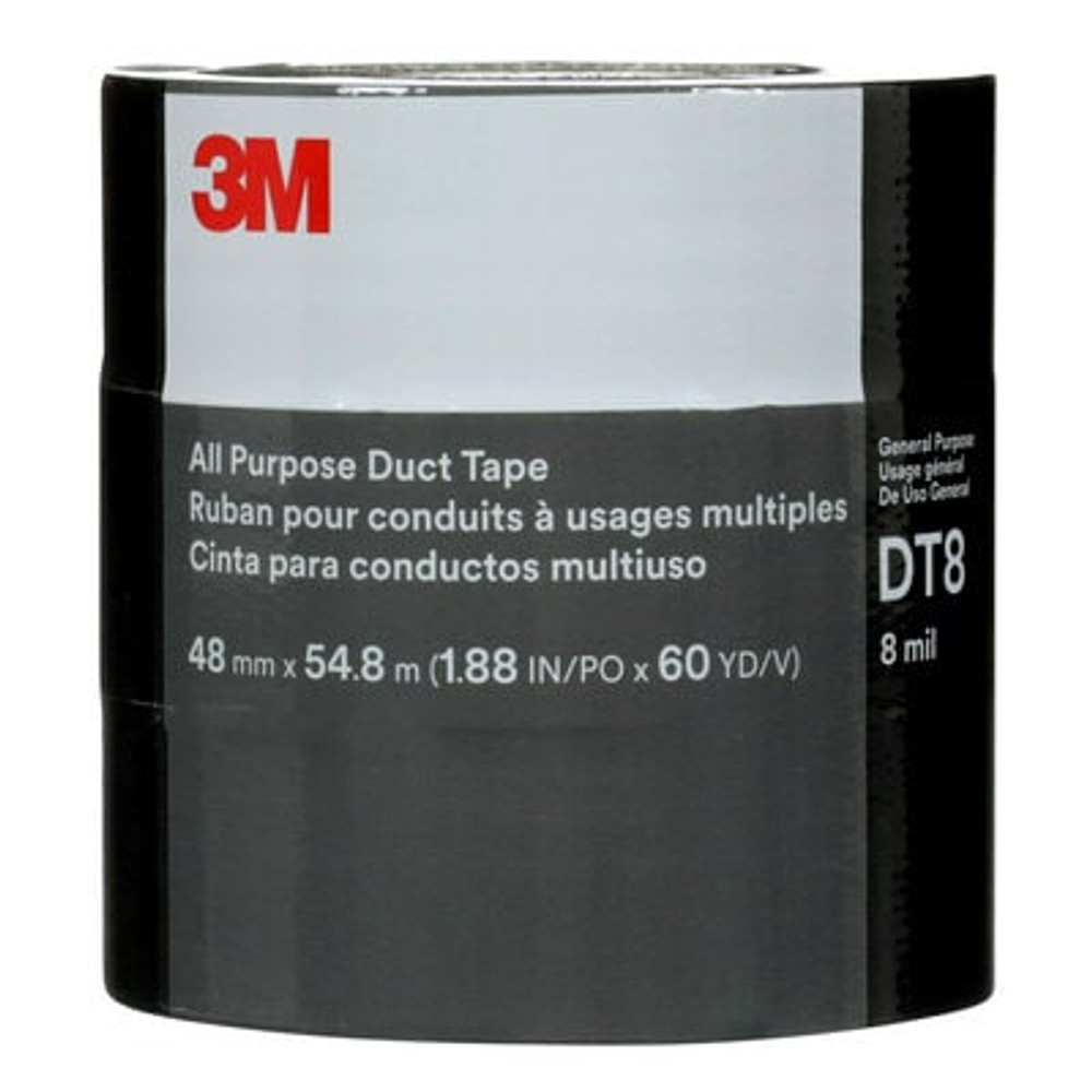 3M All Purpose Duct Tape DT8, Black, 48 mm x 54.8 m, 8 mil, 3 Rolls/Pack