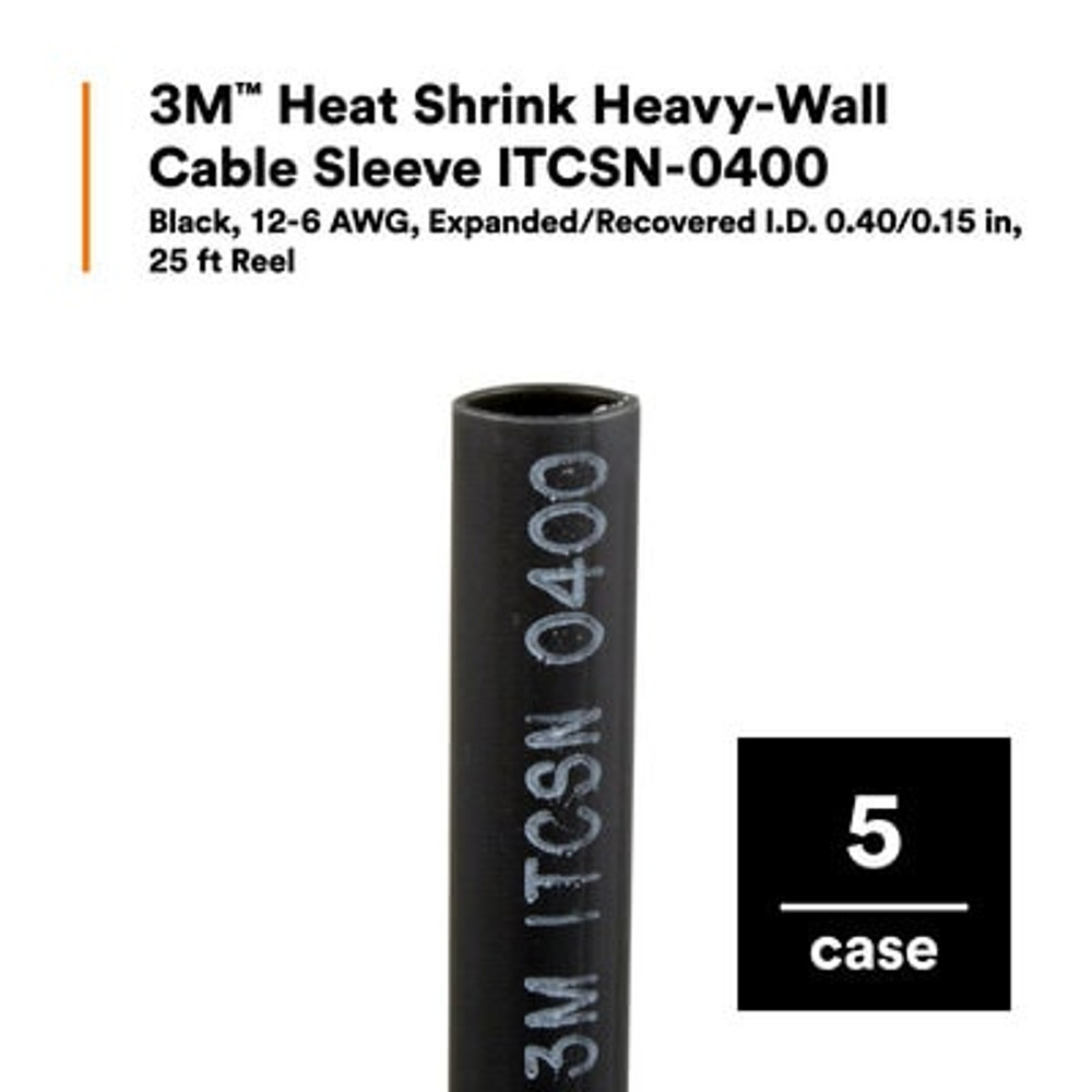 3M Heat Shrink Heavy-Wall Cable Sleeve ITCSN-0400, 12-6 AWG,Expanded/Recovered I.D. 0.40/0.15 in, 48 in Length, 5/Case 8902
