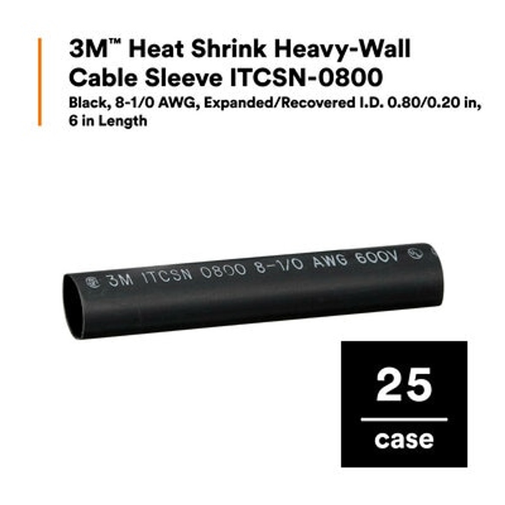 3M Heat Shrink Heavy-Wall Cable Sleeve ITCSN-0800, 8-1/0 AWG,Expanded/Recovered I.D. 0.80/0.20 in, 6 in Length, boxed, 25/Case 40067