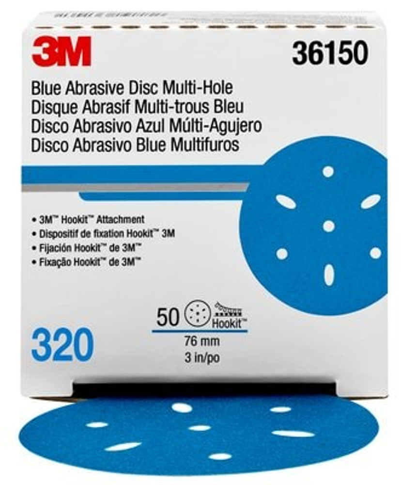 3M Hookit Blue Abrasive Disc 321U, 36150, 3 in, 320 grade, Multi-hole, 50 discs per carton, 4 cartons per case 36150