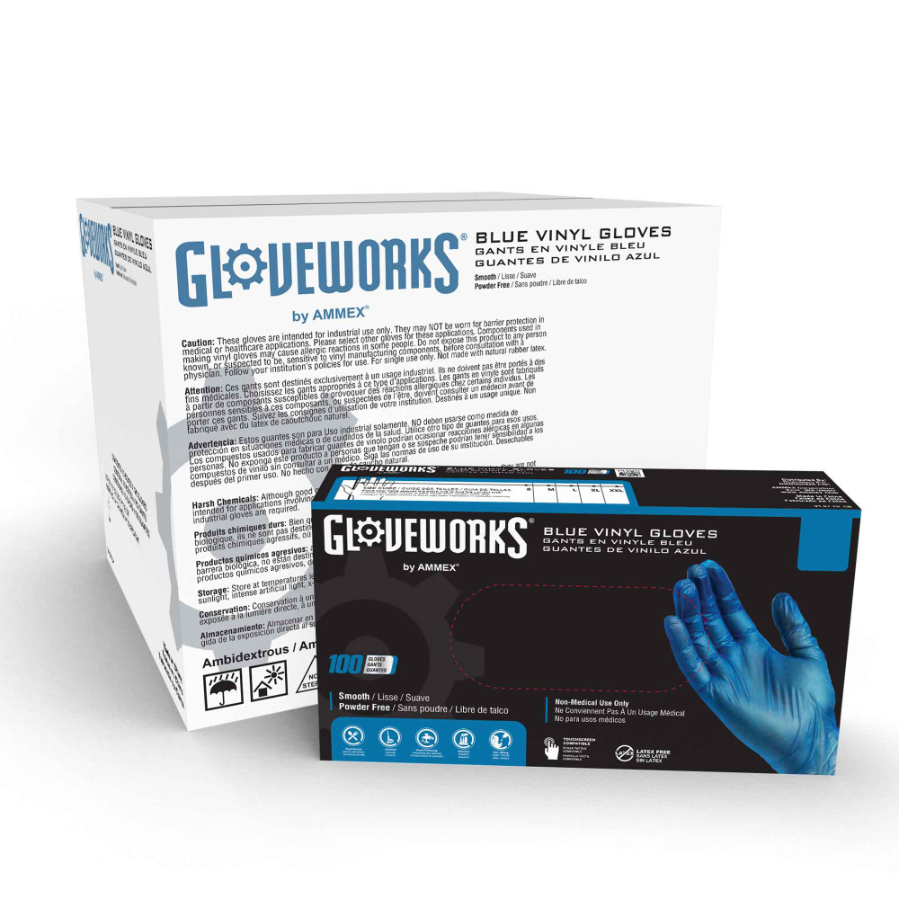 Gloveworks Blue Vinyl PF Ind Gloves Medium