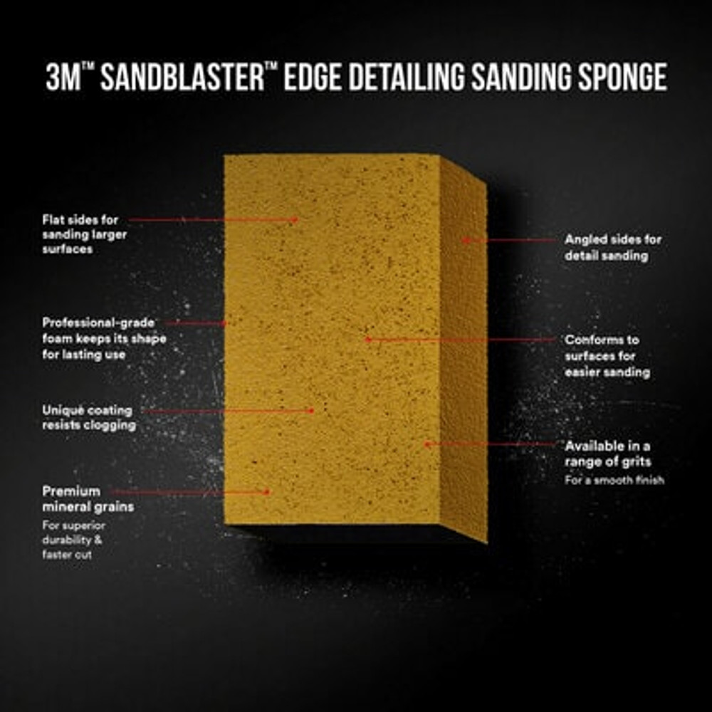 3M SandBlaster Edge Detailing Sanding Sponge 9558, 60 grit, 4 1/2 in x 2 1/2 x 1 in, 1/pk 81288