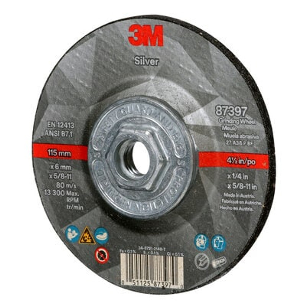 3M Silver Depressed Center Grinding Wheel, 87397, T27 Quick Change, 4.5
in x 1/4 in x 5/8 in-11 in, 10/Carton, 20 ea/Case