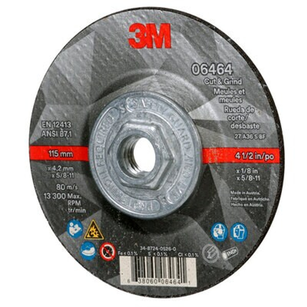 3M Cut & Grind Wheel, 06464, Type 27, 4-1/2 in x 1/8 in x 5/8"-11, Quick Change, 10 per inner, 20 per case 6464