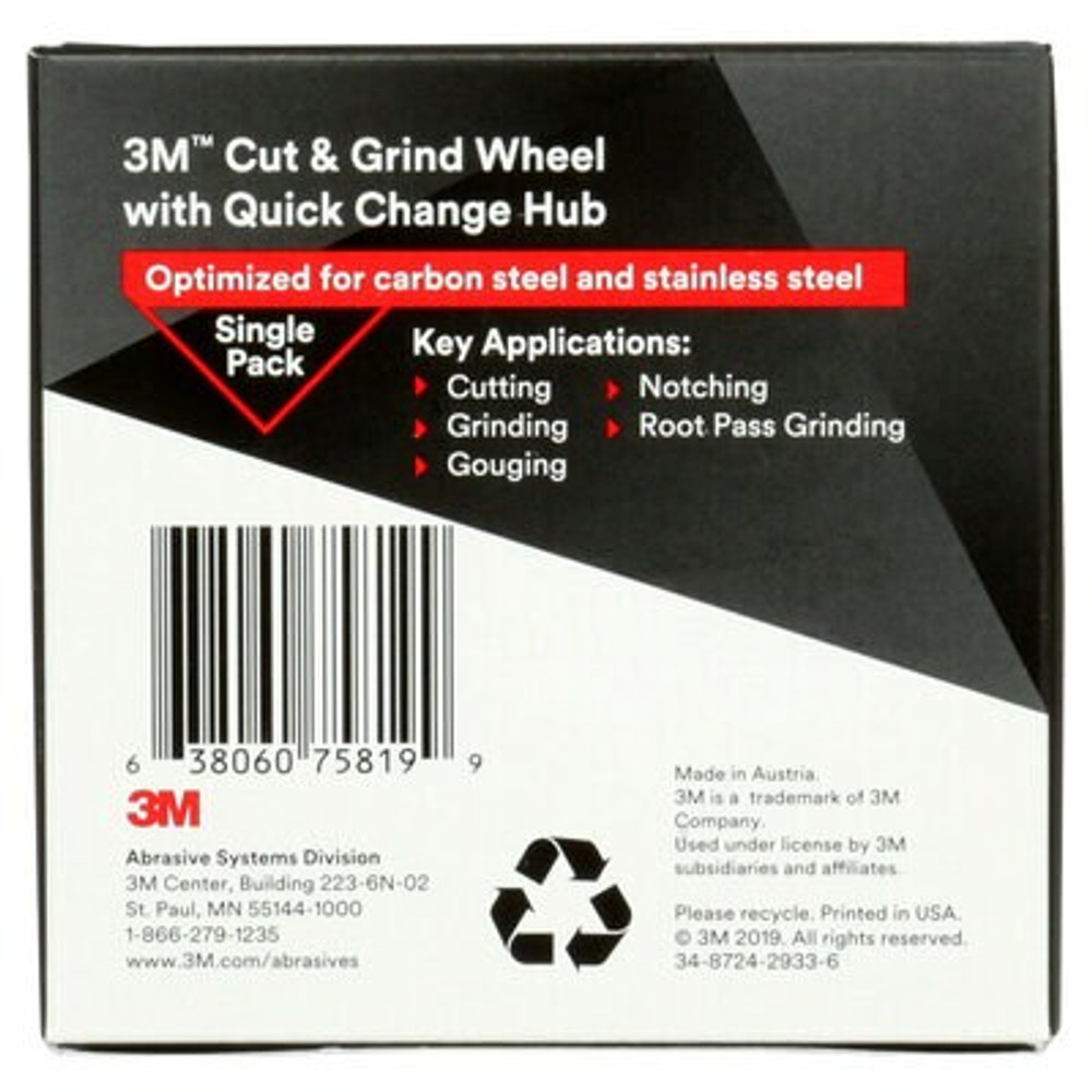 3M Cut & Grind Wheel, 75819, Type 27, 4.5 in x 1/8 in x 5/8 in-11, 10ea/Case, Single Pack 75819