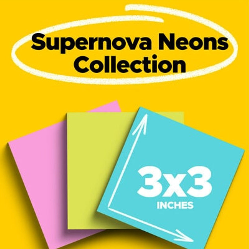 Post-it Super Sticky Notes 3321-SSMIA, 3 in x 3 in (76 mm x 76 mm), Supernova Neons Collection