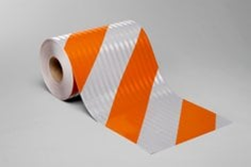 3M Flexible Prismatic Reflective Barricade Sheeting 3334R Orange/White,4 in stripe/right, 12 in x 50 yd 57042