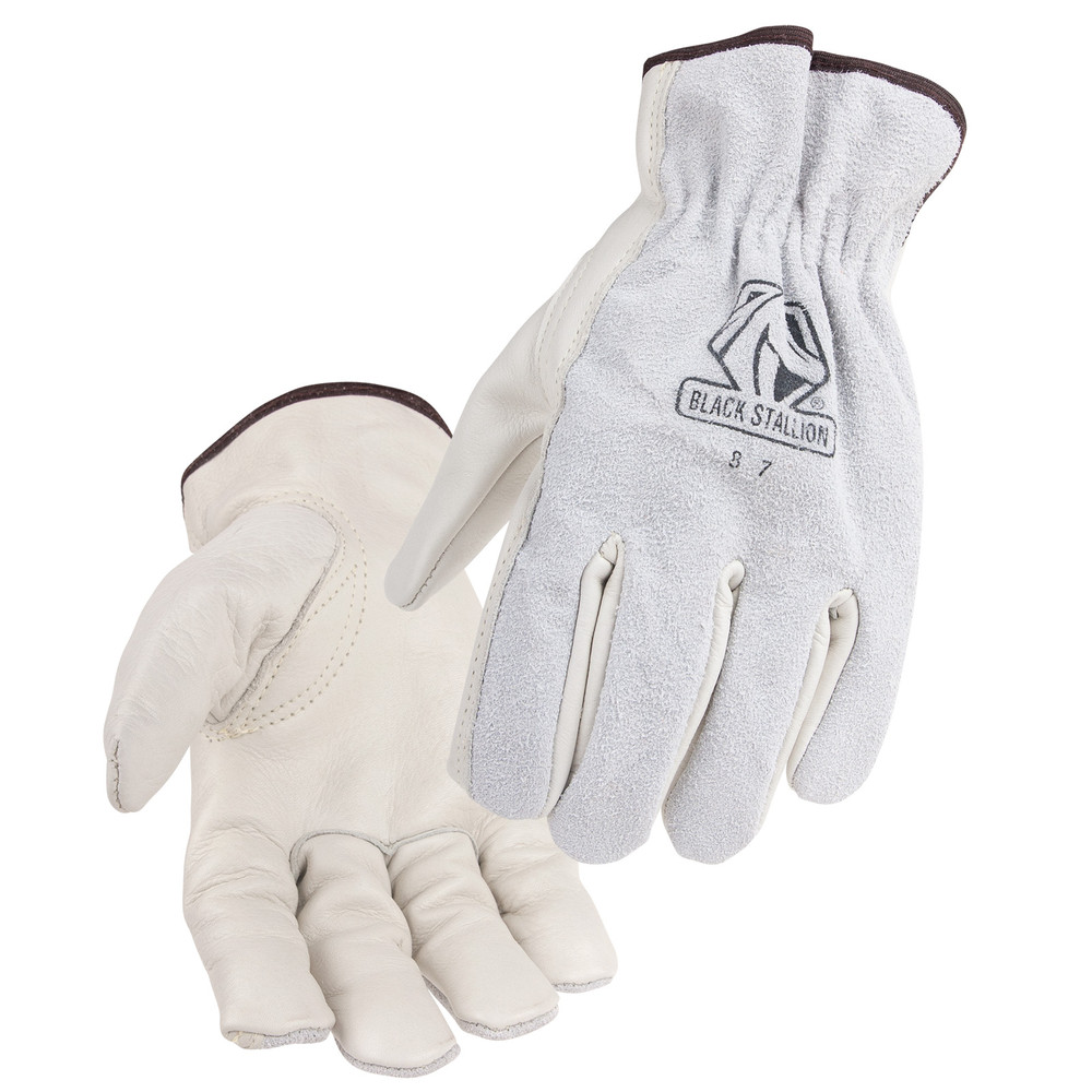 Black Stallion GRAIN/SPLIT COWHIDE - ELASTIC WRIST DRIVER'S STYLE GLOVES, Size M | Gray/White