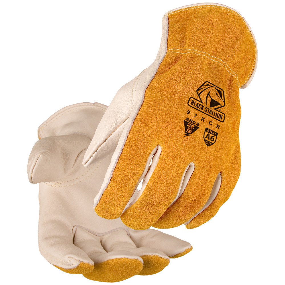 Black Stallion GRAIN/SPLIT COWHIDE - Kevlar SEWN DRIVER'S STYLE GLOVES, CUT RESISTANT, Size XL | Cream/Tan