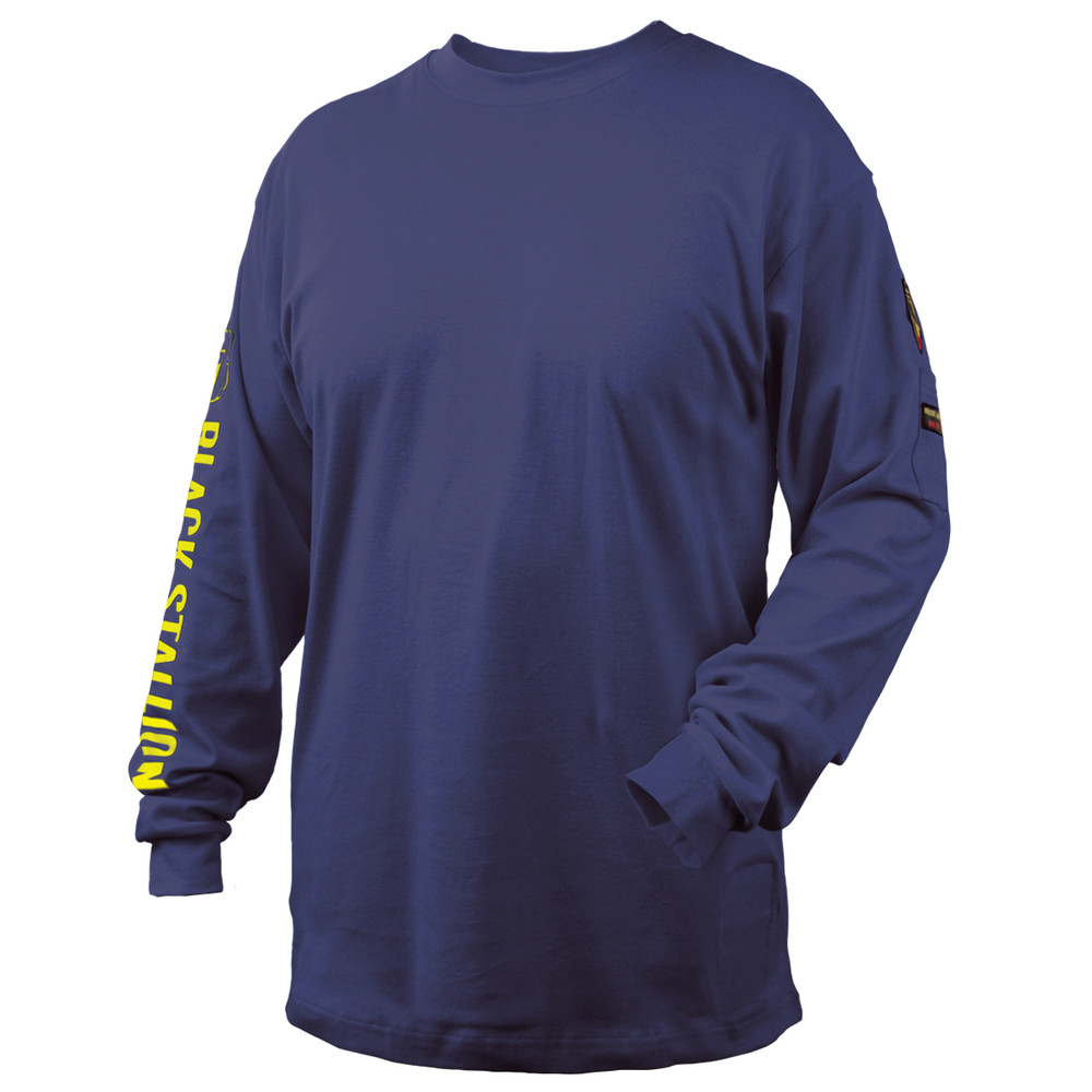 Black Stallion 7 oz FLAME-RESISTANT COTTON NAVY Long Sleeve T-SHIRT - NFPA 2112, NFPA 70E, COLOR NV, Size Medium, COLOR NV, Size Medium