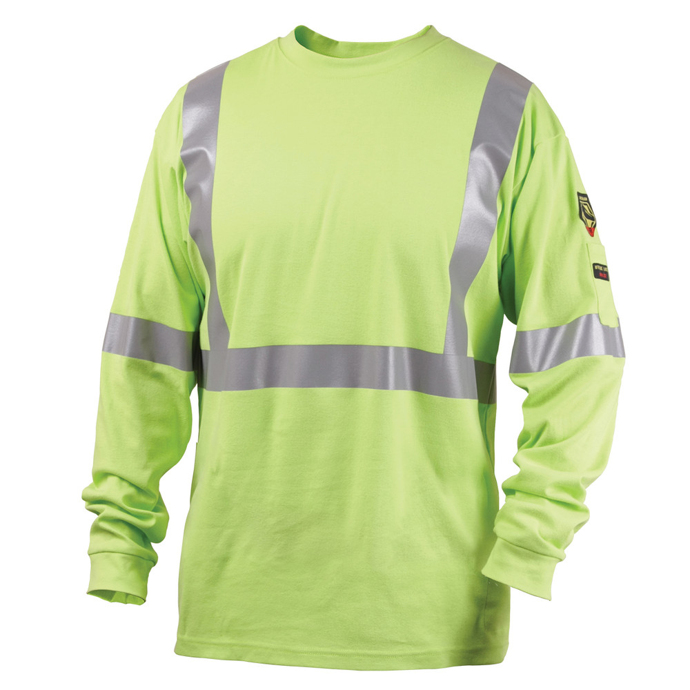 Black Stallion 7 oz FLAME-RESISTANT COTTON Lime Green Long Sleeve T-SHIRT w/ SILVER REFLECTIVE - NFPA 2112, NFPA 70E Size Small