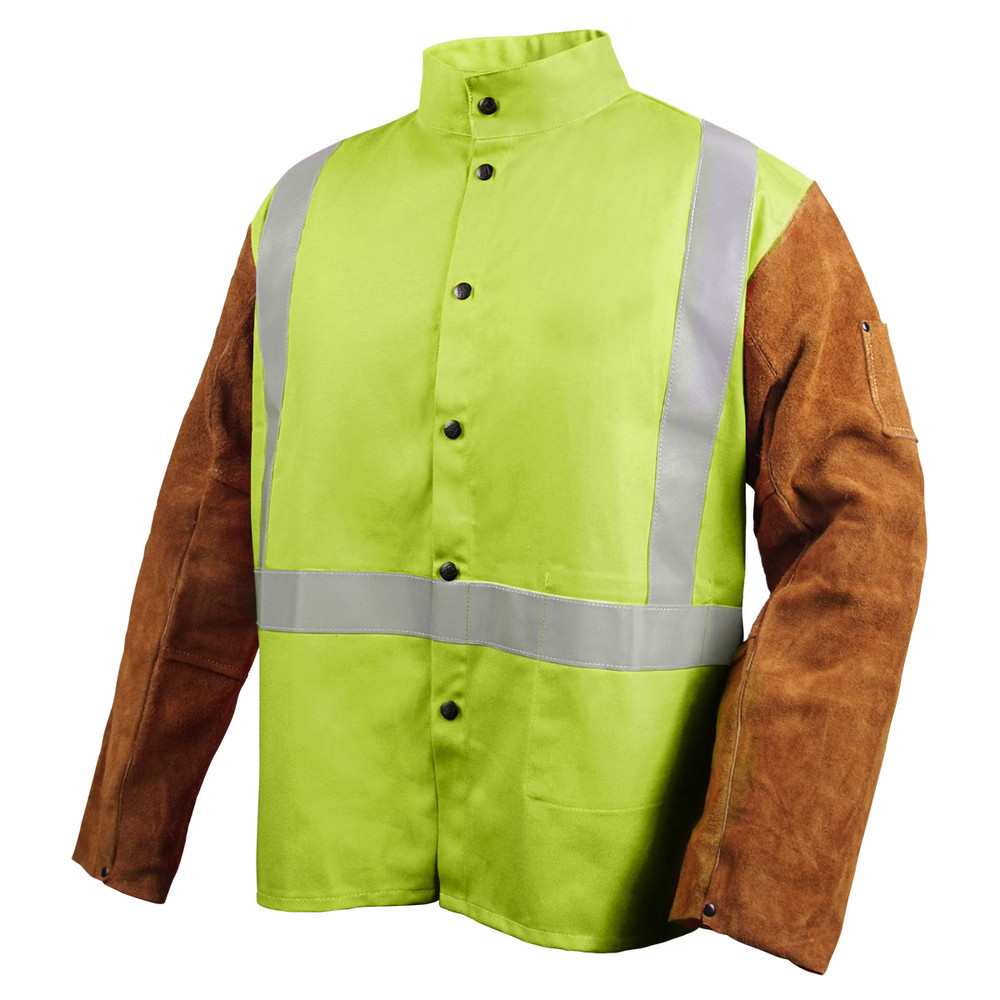 Black Stallion 9 oz Flame Resistant and Side Split COWHIDE Hybrid Coat - REFLECTIVES Size Medium | Lime/Brown