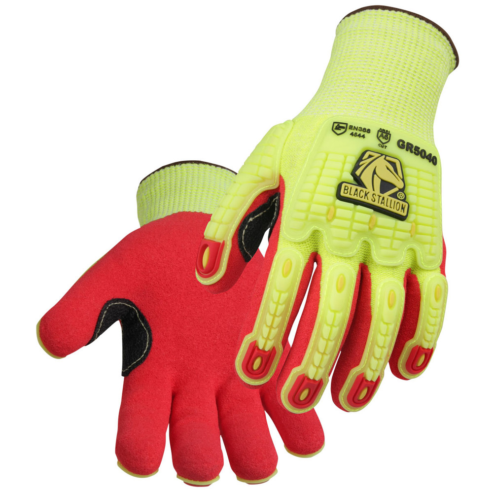 Black Stallion A6 CUT RESISTANT and IMPACT SANDY NITRILE COATED HI-VIS HPPE BLEND GLOVE, COLOR HR, Size Small, COLOR HR, Size Small | Safety Lime/Red
