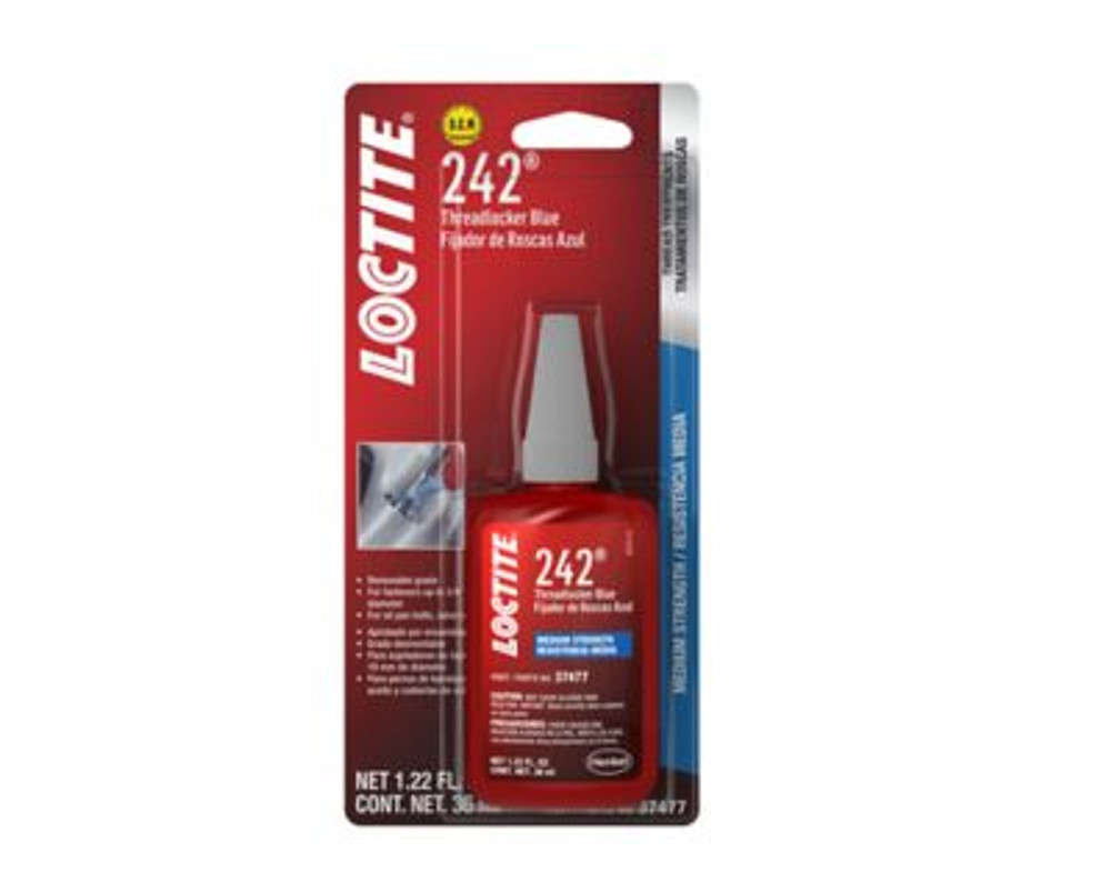 242 Threadlocker, Medium Strength, 10 m L, 1/4 in to 3/4 in Thread, Loctite | Blue