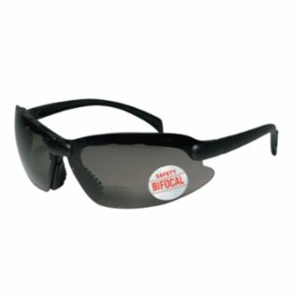 Smoke Bifocal Safety Glasses, 2.0 Diopter, Clear Coating, Polycarbonate Lens, Black Frame