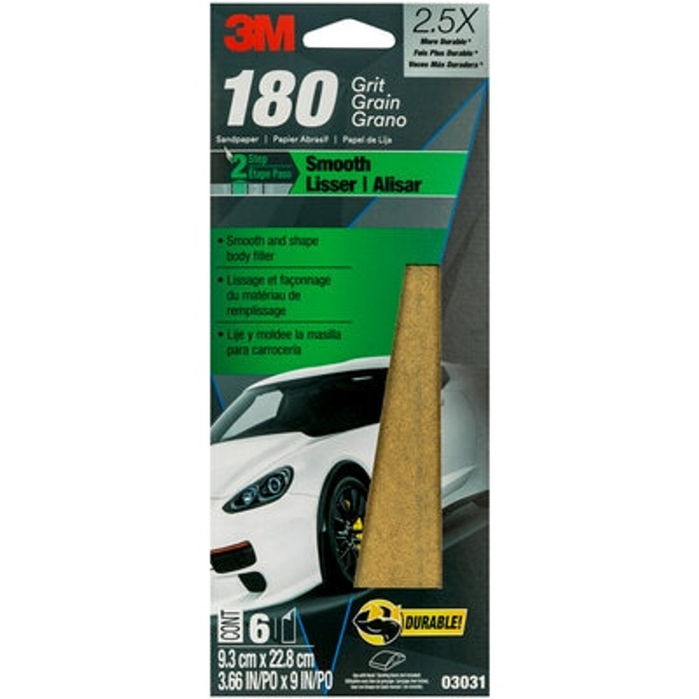 3M Sandpaper 03031, 3-2/3 in x 9 in, 180 Grit, 20 Pack/Case