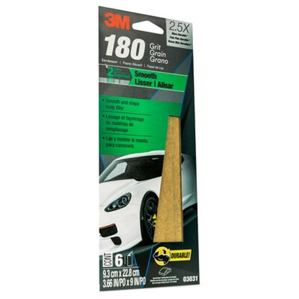 3M Sandpaper 03031, 180 Grit, 3-2/3 in x 9 in, 6/Pack, 20 Pack/Case