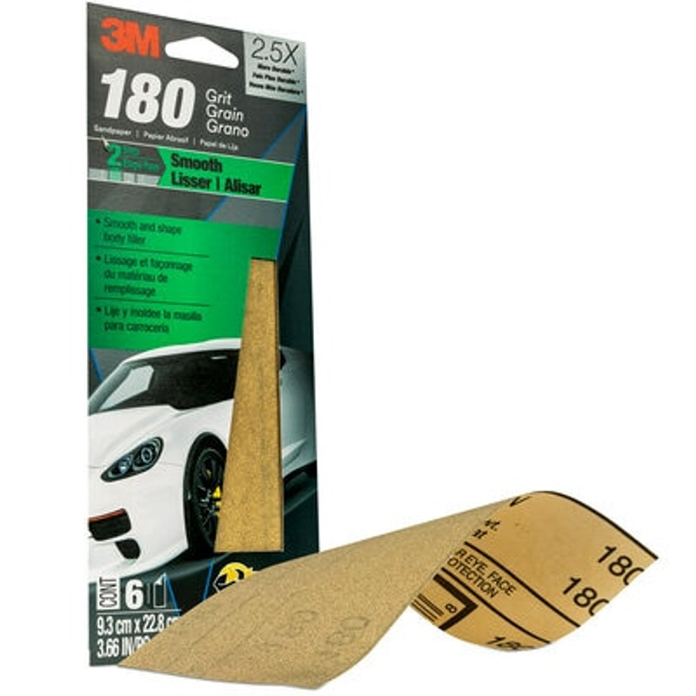 3M Sandpaper 03031, 180 Grit, 3-2/3 in x 9 in, 6/Pack, 20 Pack/Case