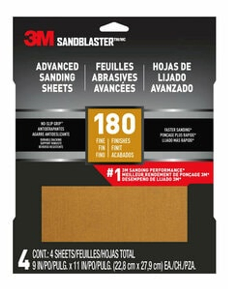 3M SandBlaster Advanced Sanding Sheets w/ NO-SLIP GRIP Backing 20180-G-4, 9 in x 11 in, 180 Grit, 4 Shts/pk