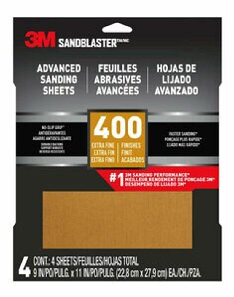 3M SandBlaster Advanced Sanding Sheets w/ NO-SLIP GRIP Backing 20400-G-4, 9 in x 11 in, 400 Grit, 4 Shts/pk