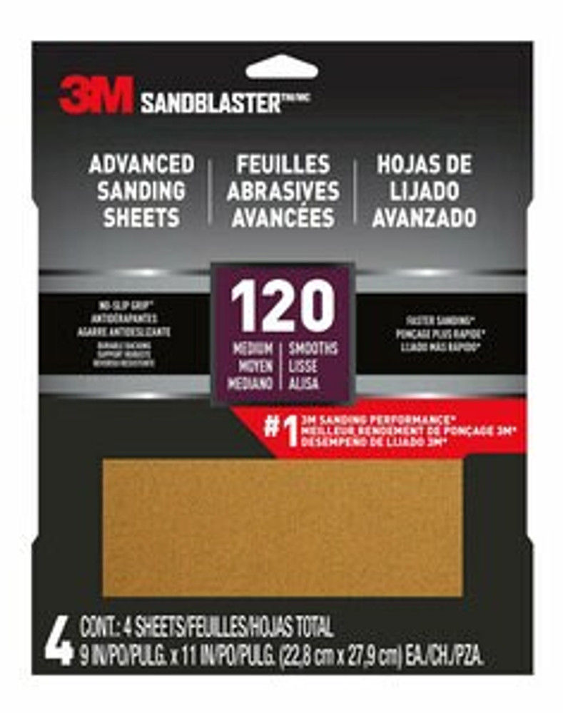 3M SandBlaster Advanced Sanding Sheets w/ NO-SLIP GRIP Backing 20120-G-4, 9 in x 11 in, 120 Grit, 4 Shts/pk