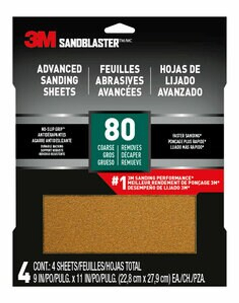 3M SandBlaster Advanced Sanding Sheets w/ NO-SLIP GRIP Backing, 20080-G-4, 9 in x 11 in, 80 Grit, 4 Shts/pk