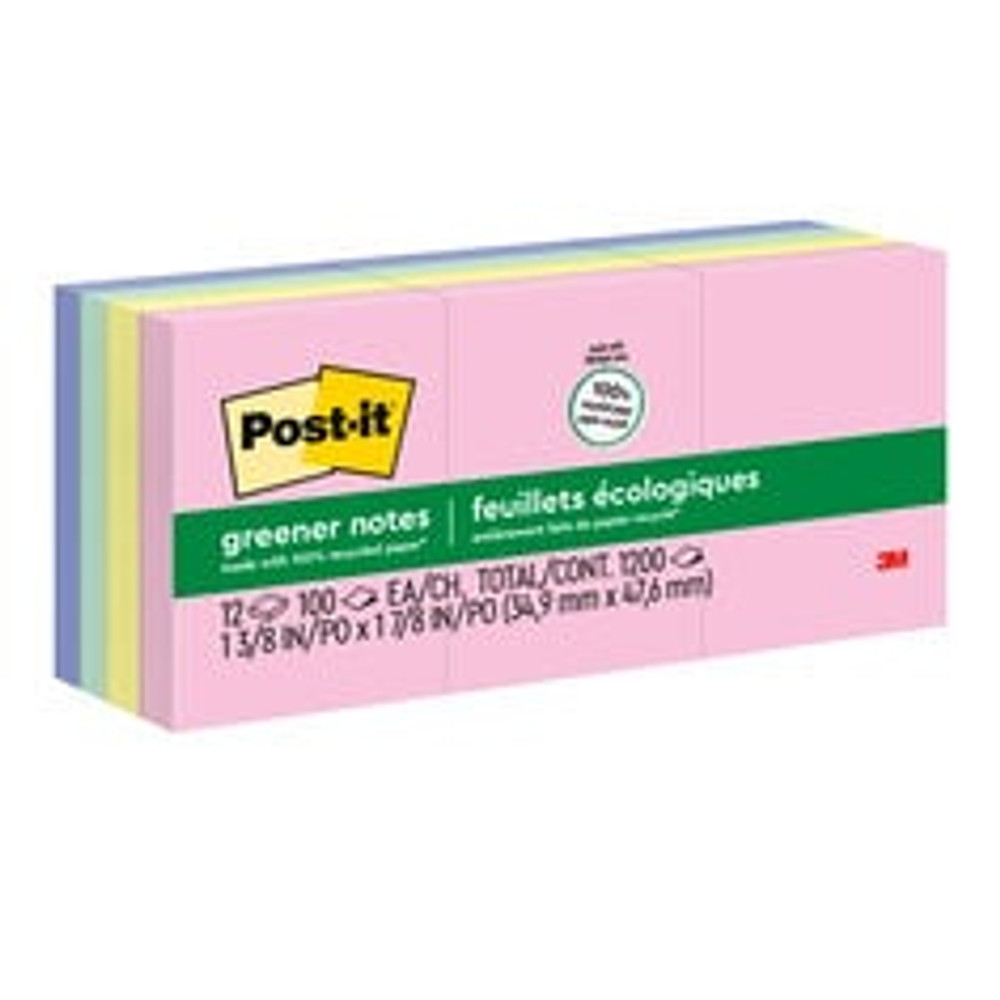 Post-it Greener Notes 653-RP-A, 1 3/8 in x 1 7/8 in (34.9 mm x 47.6 mm), Helsinki colors