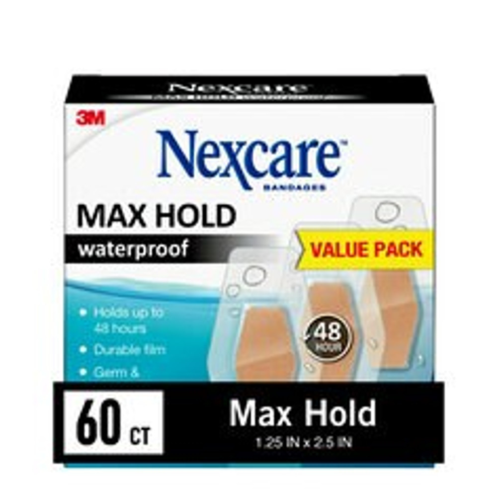 Nexcare Max Hold Waterproof Bandages MHW-60-NI, One Size, 60ct, 1.25 in x 2.5 in (31 mm x 63 mm)