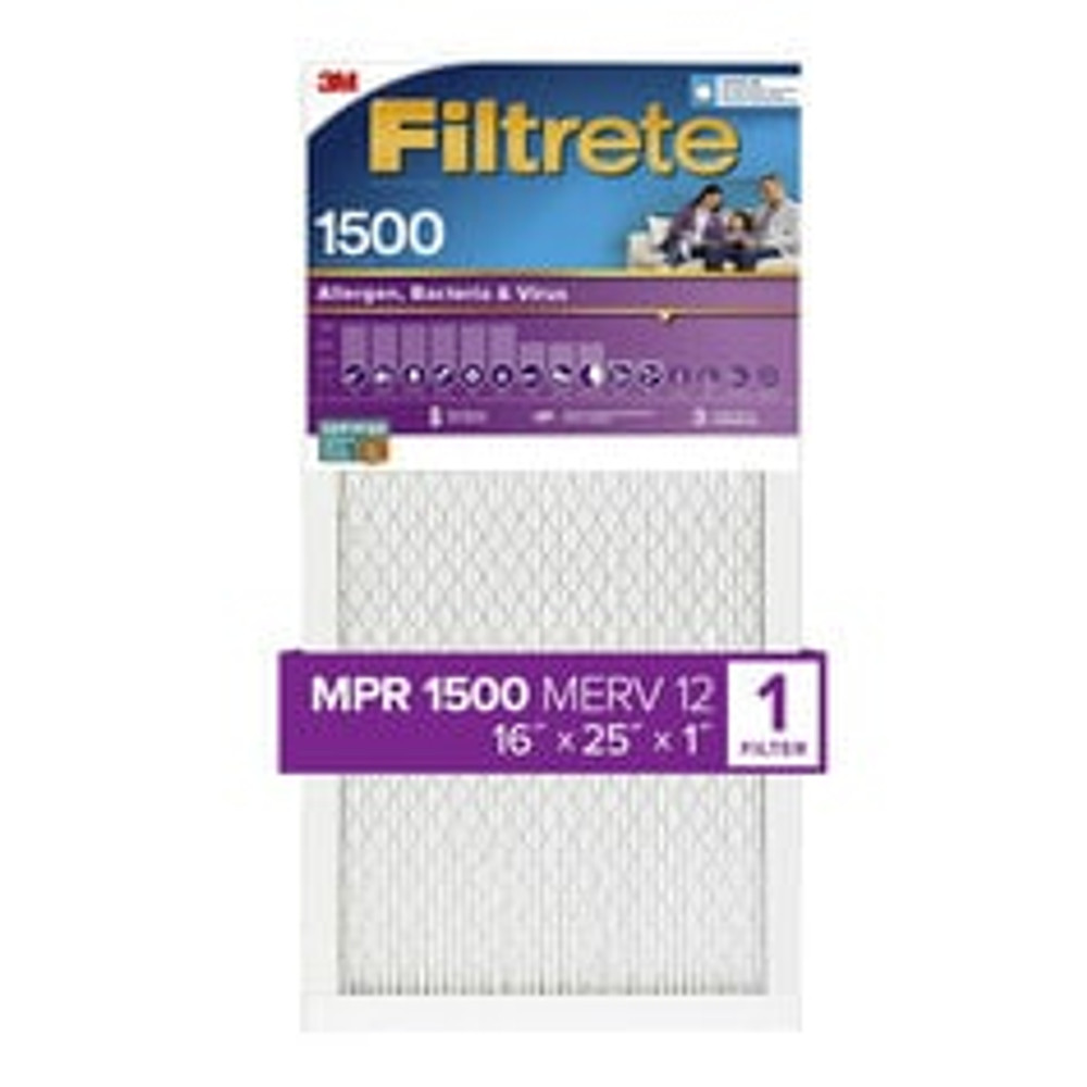Filtrete Allergen, Bacteria & Virus Air Filter, 1500 MPR, 2001-4-HR, 16
in x 25 in x 1 in (40,6 cm x 63,5 cm x 2,5 cm)