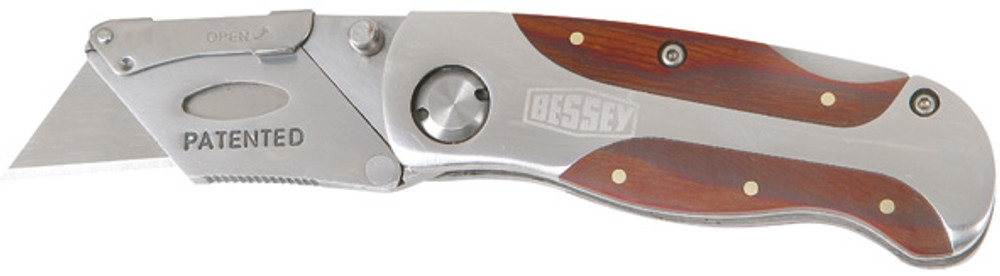 Quick-change blade-replacement system, no tools required, one-hand easy opening & closing. Folds to a compact size to fit in a pocket & also includes a stainless steel belt clip for easy access. Three handle styles to choose from, aluminum, wood inlay & composite plastic. These handy knives accept all standard utility blades.  BESSEY. Simply better.