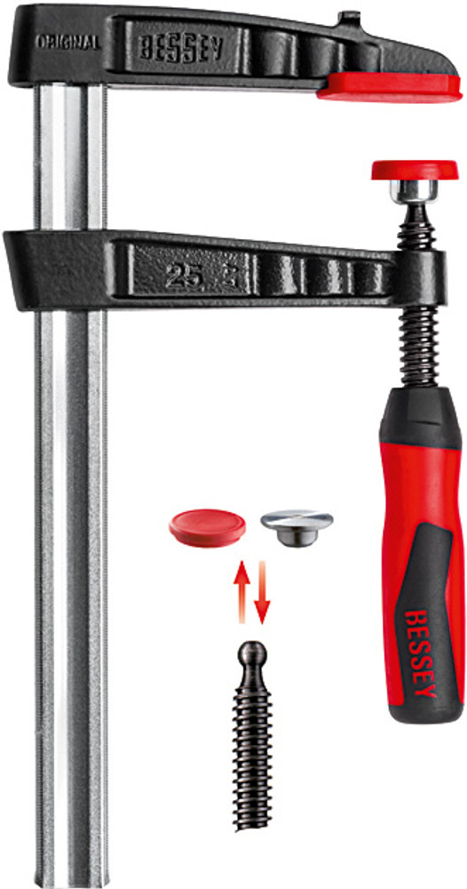 The original malleable cast iron bar clamp with an inline wood handle was the world's first sliding arm bar clamp. A rugged, trusted and durable staple of every wood shop. The original wood handles remain very popular, and are still available. Manyclamps are also available with BESSEY's 2K handle. These high-tech 2 part composite plastic handles give you extra grip when you need it. The ultimate handle for maximizing torque is the T-bar (sliding pin) handle, and is available as an option on many of the popular sizes of TG series clamps. Many of these clamps have also been fitted with pressure pads that are easily replaced, and allow for replacement of damaged spindles. These clamps are available in a wide variety of sizes. BESSEY. Simply better.