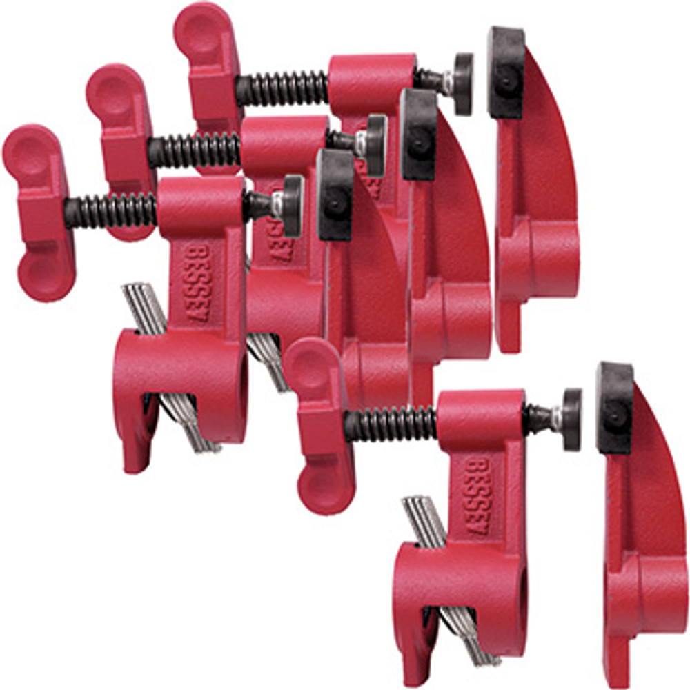 The pipe clamp is what many people think about when they think clamps for woodworking. They are exceptionally affordable - you buy the a set of clamping fixtures (head & tail piece), then attach them to a length of iron black pipe.  Clamping fixtures are available to fit 1/2 inch & 3/4 inch black pipe, something to remember is that pipe is sized by its inside diameter (size of hole) not the external dimension.  Clamping fixtures for black pipe offer versatility, as clamp capacity is only limited by the length of pipe you select. It takes very little time to move the clamping fixtures from one pipe to another. Features ACME threaded spindle & multiple clutch plates. They are easy to assemble & incredibly durable. BESSEY. Simply better.