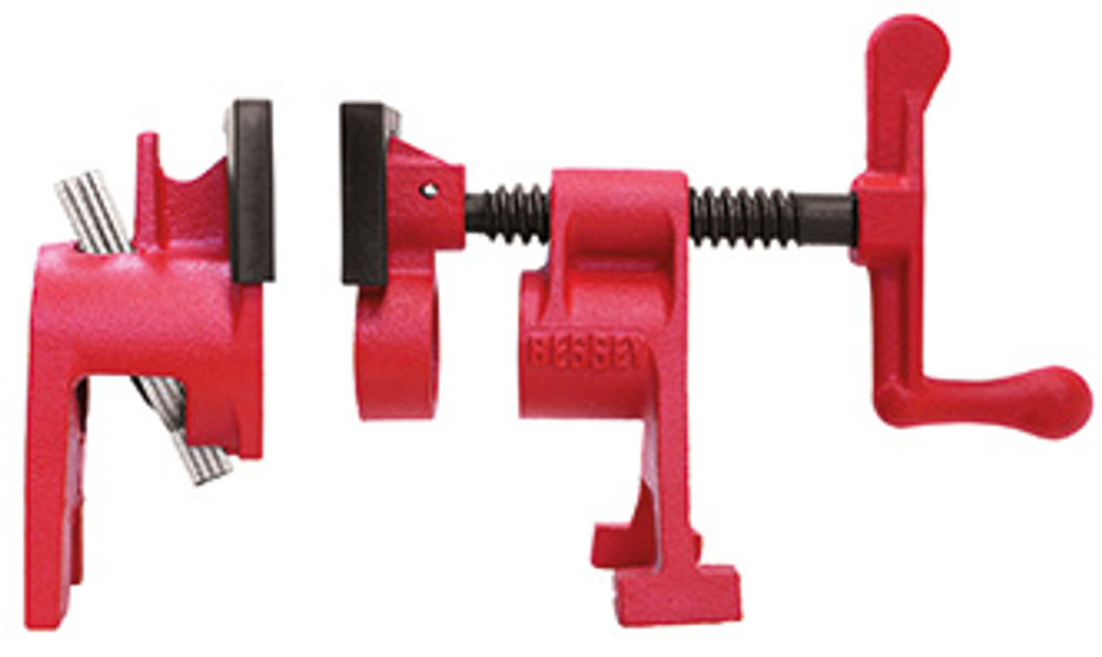 The pipe clamp:  What many people think about when they think clamps for woodworking. They are exceptionally affordable - you buy the  a set of clamping fixtures (head & tail piece), then attach them to a length of iron black pipe.  A nice feature of the BESSEY "H" series clamping fixture set is their height, the extra high base provides industry leading clearance form the work surface. Clamping fixtures are available to fit 1/2 inch & 3/4 inch black pipe, something to remember is that pipe is sized by its inside diameter (size of hole) not the external dimension. BESSEY. Simply better.
