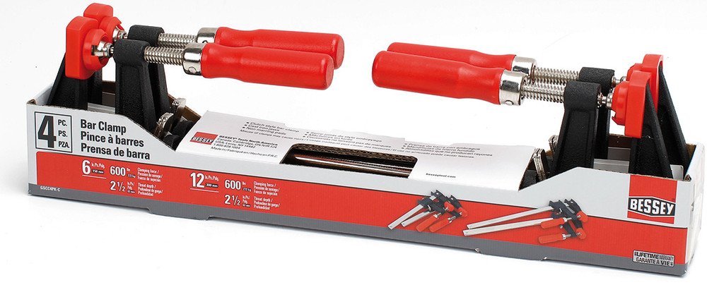 This special 4-Pack is a great way to expand your clamp collection, as you can never have too many clamps. Each 4 piece package contains 2 each of the 6 in. GSCC2.506 & 12 in. GSCC2.512 clamp. The BESSEY clutch style clamps are a popular and economical clamp that can be used for a wide range of woodworking and DIY projects. There are many other clamps available in the GSCC series ranging in size from 6 in. to 36 in., clamping capacity. Clamps with a deeper 3.5 in. throat are also available. BESSEY. Simply better.