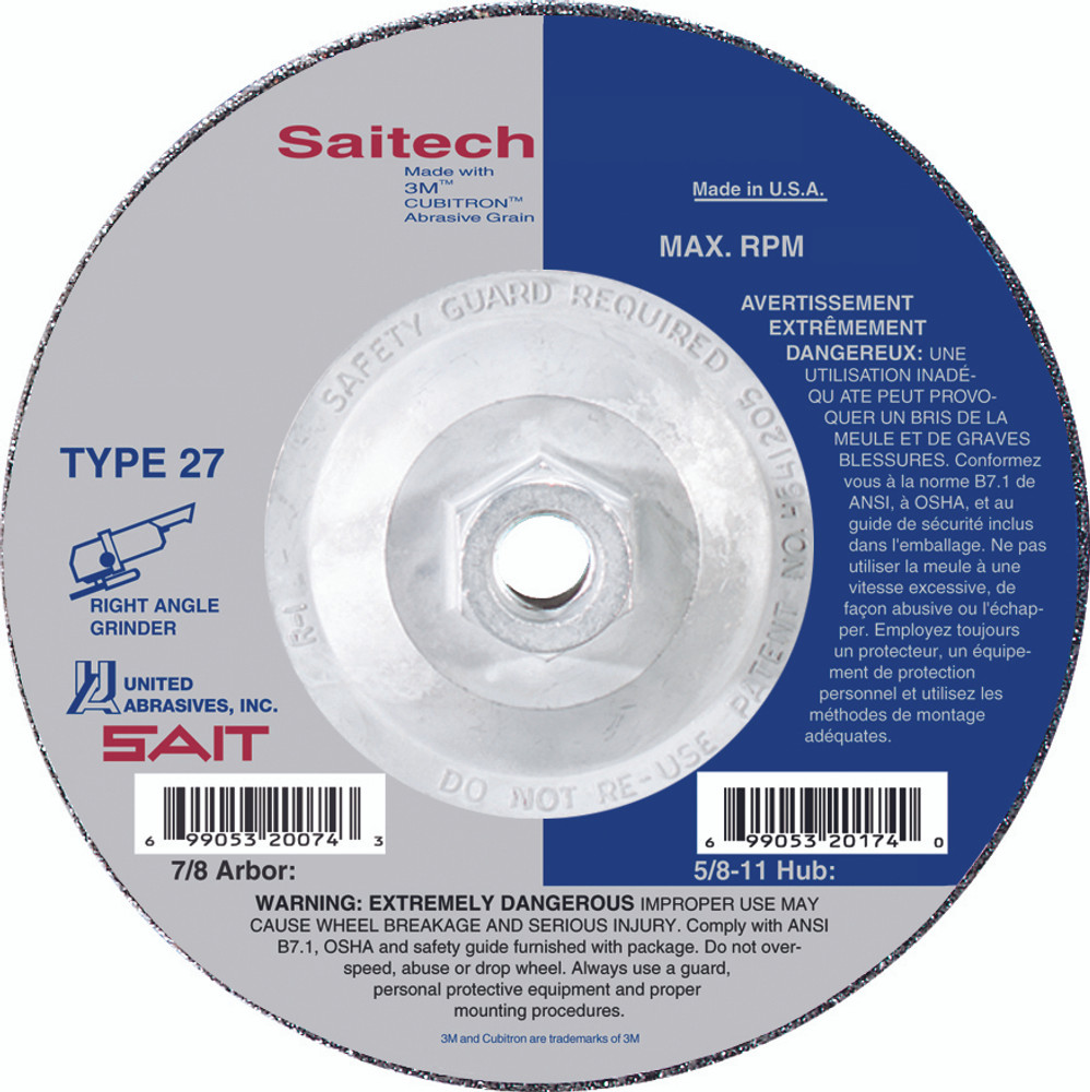1/4" Grinding Wheels-Type 27,Saitech Attacker ? Fast Grinding,  5/8"-11 Super-Lock Hub 20149