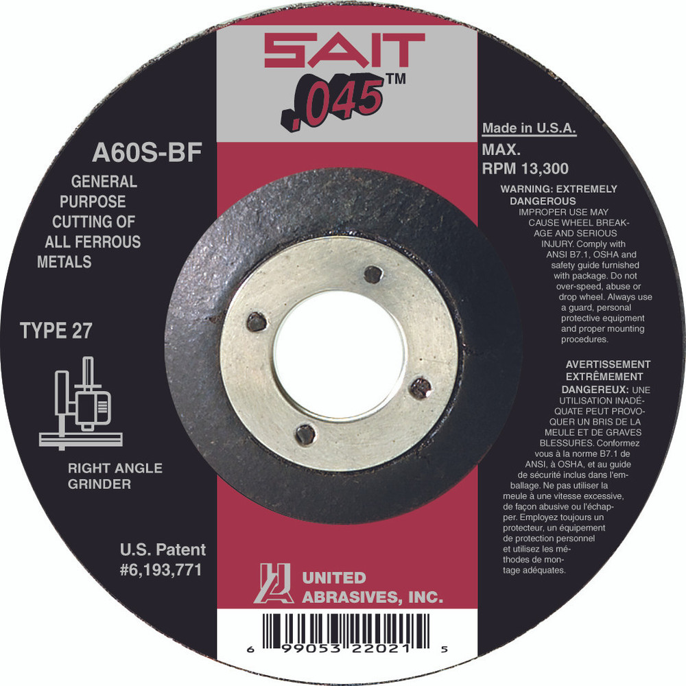 .045" Cutting Wheels Type 27/Type 42,A60S General Purpose,  7/8 Arbor - No Hub 22071