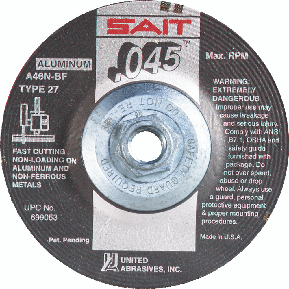 .045" Cutting Wheels Type 27/Type 42,A46N Aluminum,  5/8"-11 Hub 23307