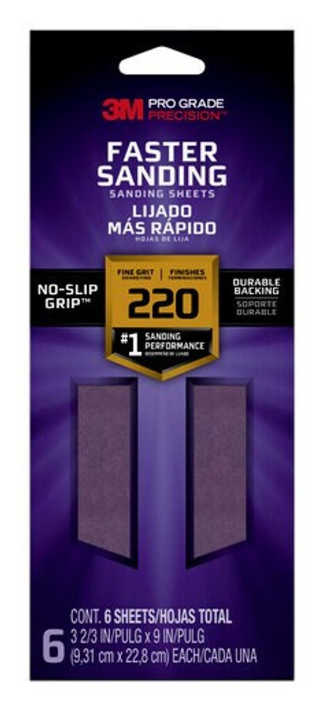 3M Pro Grade Precision Faster Sanding Sanding Sheets 127220PGP-6, 3 2/3 in x 9 in, 220 grit, Fine, 6/pk