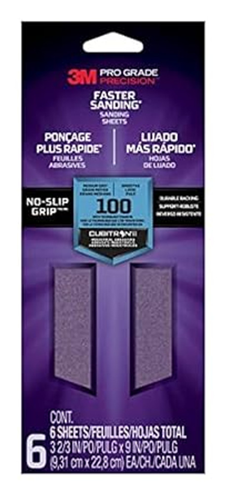 3M Pro Grade Precision Faster Sanding Sheets w/ NO-SLIP GRIP Backing SHTR100-PGP-6T, 3 2/3 in x 9 in, 100 Gr, 6 Shts/pk