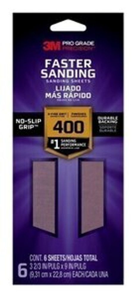 3M Pro Grade Precision Faster Sanding Sheets w/ NO-SLIP GRIP Backing SHTR400-PGP-6T,3 2/3 in x 9 in, 400 Gr, 6 Shts/pk